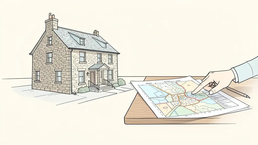 Plan architectural d'une maison en pierre et carte cadastrale sur une table en bois