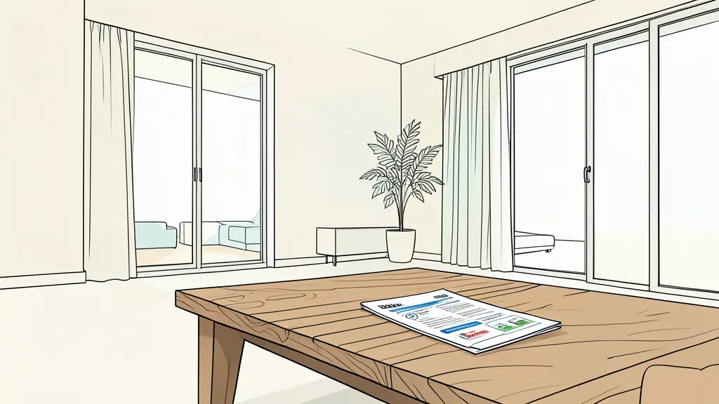 Intérieur de maison moderne avec documents de prêt bancaire et labels d'efficacité énergétique sur une table en bois