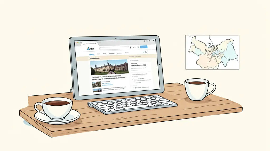 A cozy wooden desk with a tablet displaying a local news website, a cup of coffee, and a small map of the Gers department in the background.