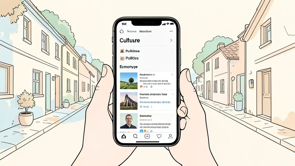 A close-up of a smartphone screen showing a news feed with categories like Culture, Politics, and Economy, held by a person walking through a sunny village street.