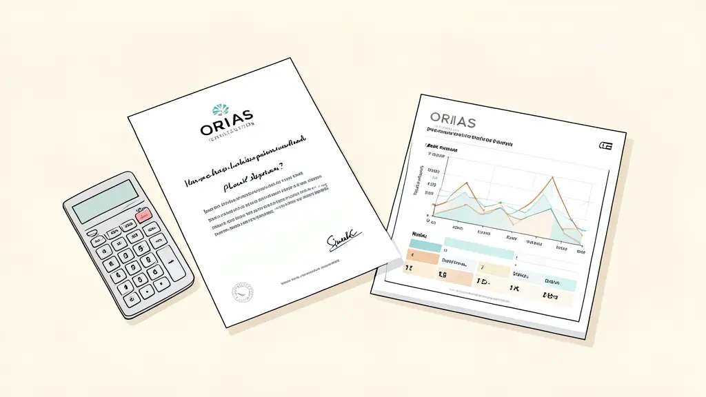 Bureau professionnel avec un document de certification ORIAS signé, une calculatrice et un plan financier détaillé