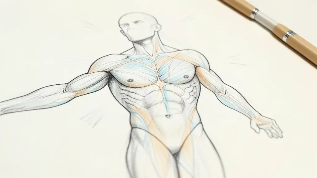 Dessin détaillé au crayon graphite mettant en avant les insertions musculaires et les repères osseux sur papier texturé