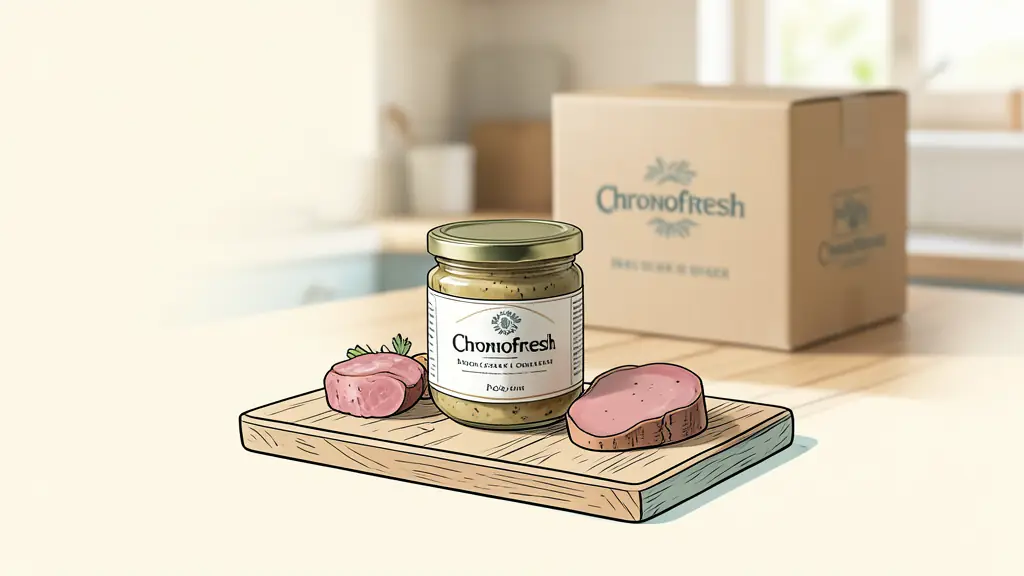 Colis de livraison Esprit Foie Gras avec étiquette Chronofresh dans une cuisine rustique