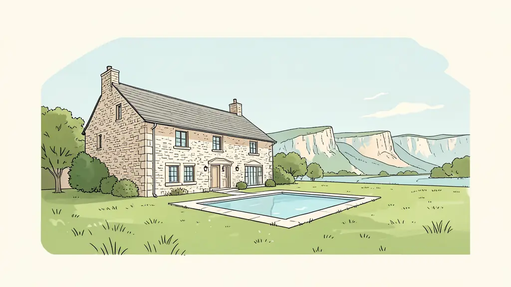 Ferme traditionnelle en pierre du Périgord avec piscine et prairies verdoyantes