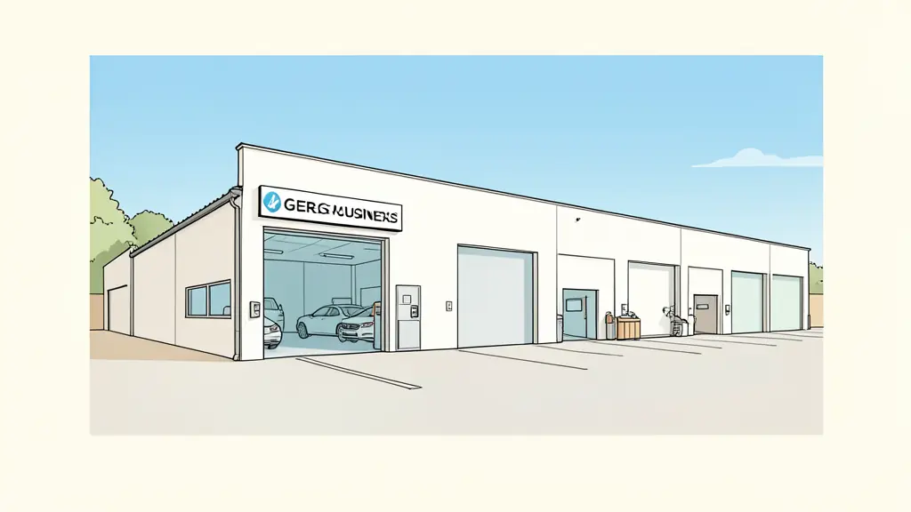 Entrée d'un garage automobile professionnel avec atelier propre situé dans la campagne gersoise