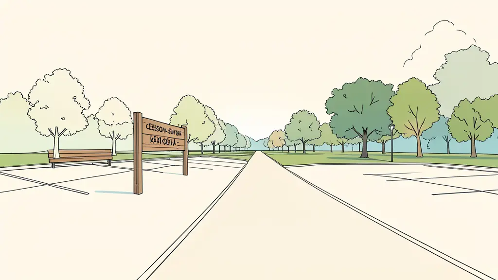 Parking avec signalisation en bois et chemin menant au parc de la guinguette à Cesson-Sévigné