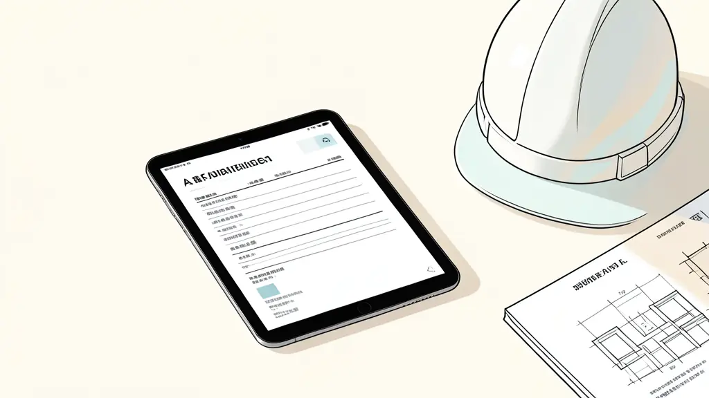Formulaire d'inscription sur tablette avec casque de chantier et manuel technique dans un bureau d'architecture