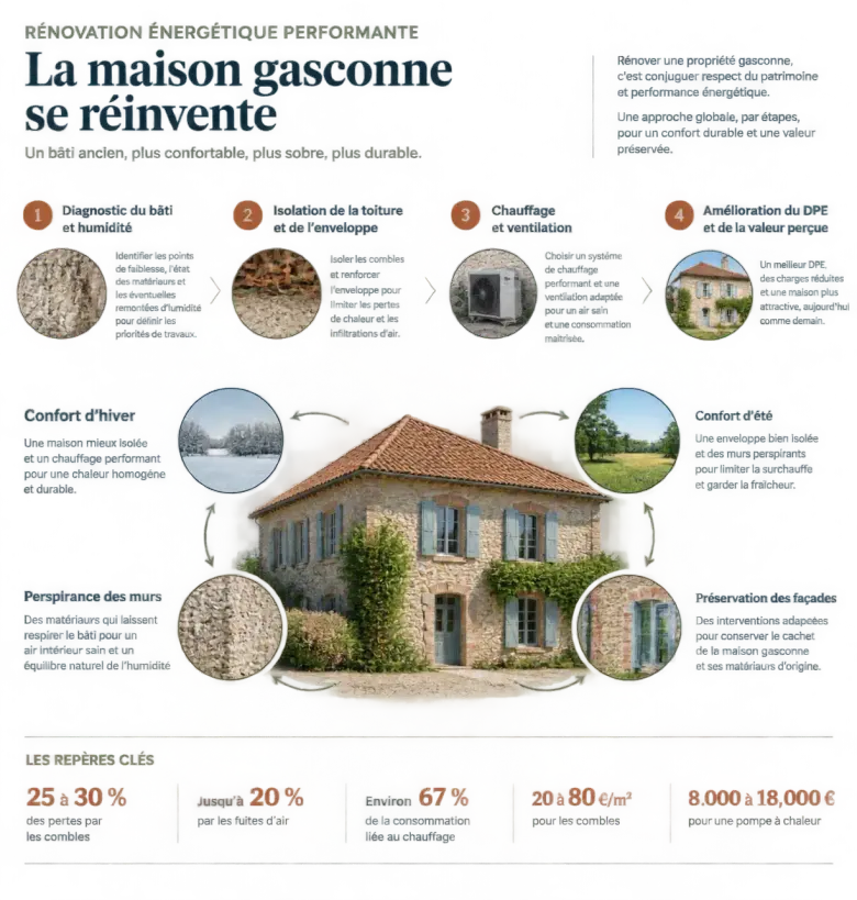 Infographie sur la rénovation énergétique performante d'une propriété gasconne et la valorisation du bien