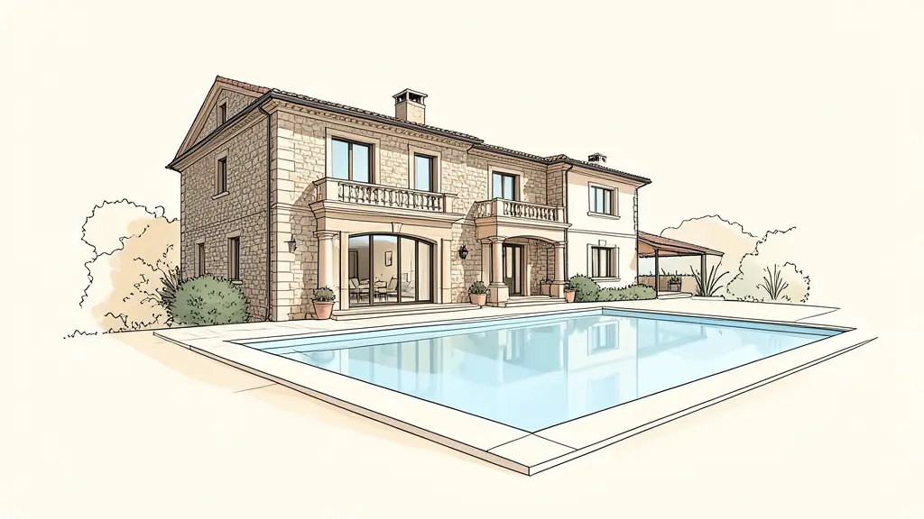 Editorial photography of a luxury stone house in Gard, showing a renovated facade with noble materials and a large swimming pool under the Mediterranean sun