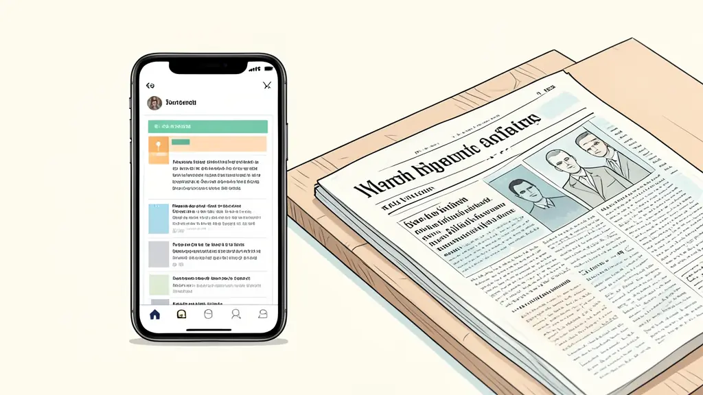 Écran de smartphone affichant un mur de paiement à côté d'un journal papier sur une table en bois