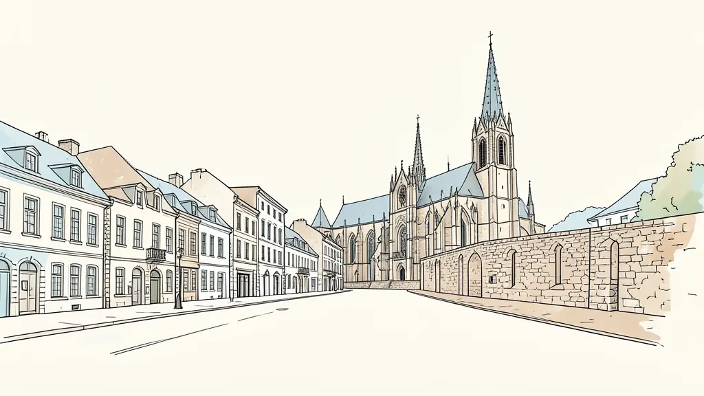 Editorial photograph of Lectoure historic center with Saint-Gervais-Saint-Protais cathedral, stone facades along Rue Nationale, and a view from the ramparts