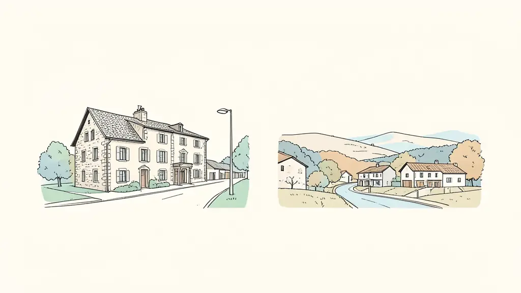 Editorial photograph comparing a stone house in Lectoure historic center, a quiet residential street, and surrounding Lomagne countryside