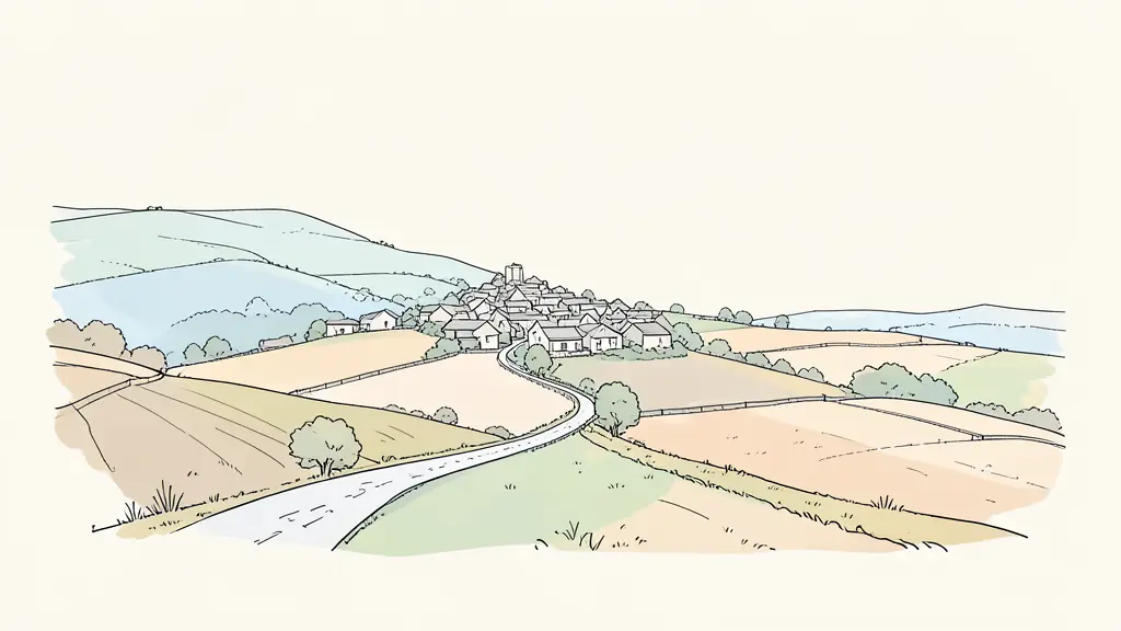 Editorial landscape photograph of a Gers hilltop village, a secondary country road and open farmland in soft natural light, no text, no logo