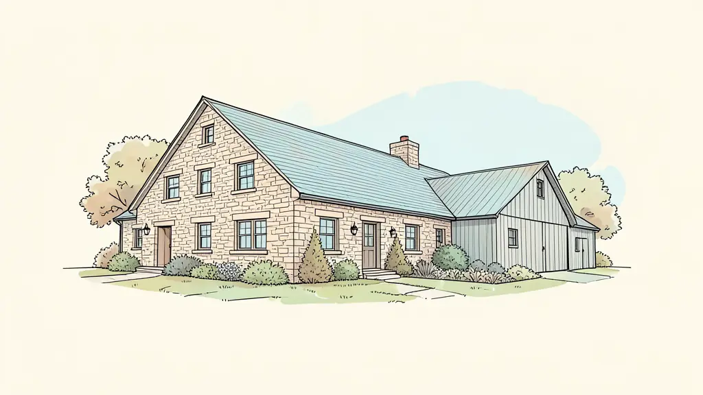 Editorial photograph of a stone Gers farmhouse with an adjoining barn and a modest garden, warm natural daylight, no text, no logo
