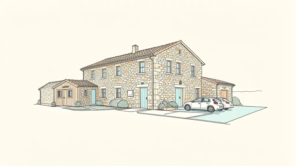 Croquis architectural d'une maison en pierre avec gîte et parking privé en Aveyron