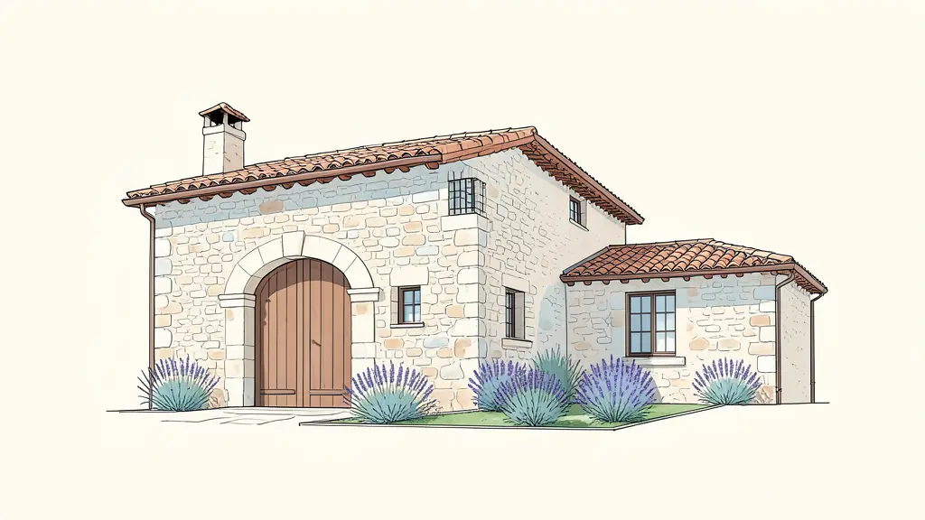 Editorial photography of a traditional Gascon stone house with terracotta roof tiles, featuring a large arched wooden door and a small manicured courtyard with lavender plants