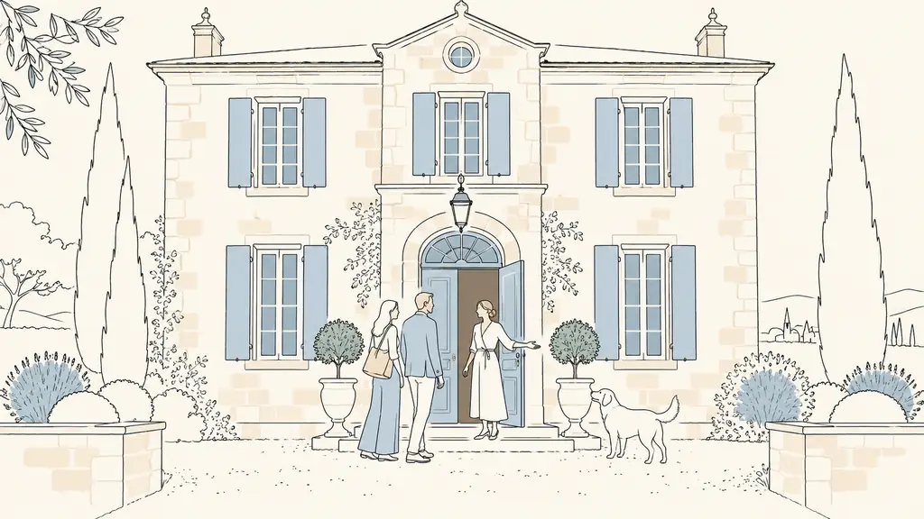 Editorial photograph of a homeowner welcoming two visitors before an old Gascon residence with a symmetrical stone facade, central entrance and tall aligned windows, no text, no logo