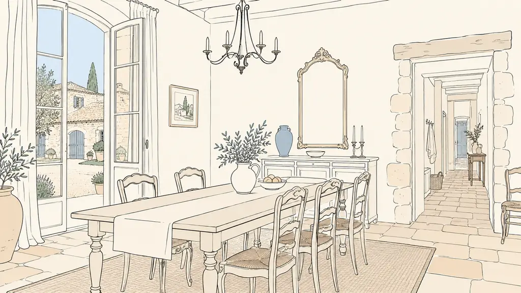 Editorial photograph inside an old Gascon property showing a formal dining room opening toward a discreet domestic corridor, with stone farm outbuildings visible through a tall window, no text, no logo