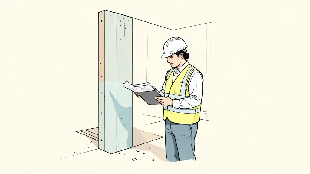<An architectural site visit with a technical controller wearing a white helmet and a safety vest, reviewing blueprints on a tablet while standing next to a reinforced concrete structure, editorial style, daylight, professional construction site>