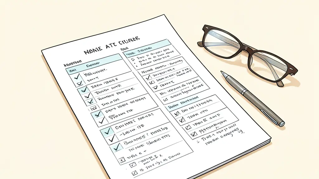 <A close-up of a technical report document on a wooden desk, showing structured tables with checkmarks and technical annotations, a pair of reading glasses and a professional pen beside it, editorial style, soft natural lighting>