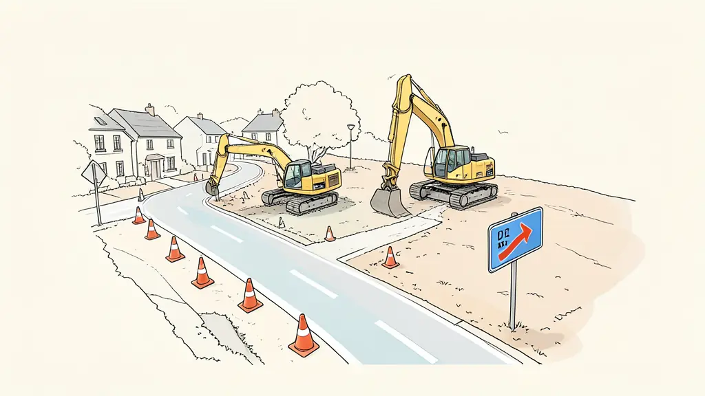 Chantier de travaux routiers dans un village avec cônes de signalisation et excavatrice jaune
