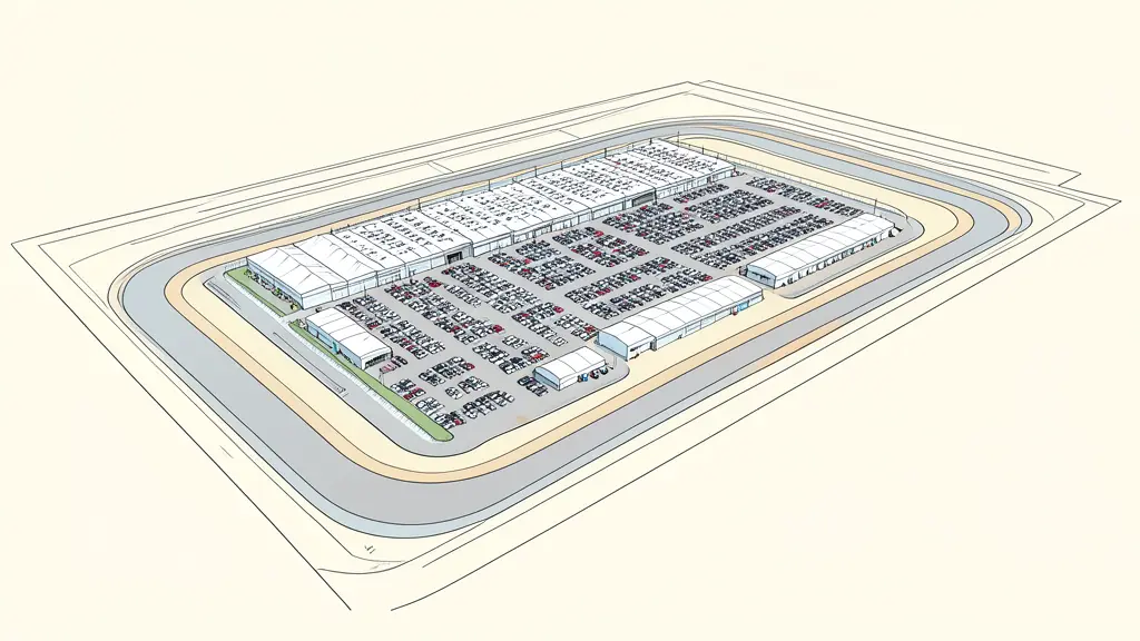 Vue aérienne d'un circuit de course moderne avec ses zones de dégagement et un paddock industriel aux tentes blanches