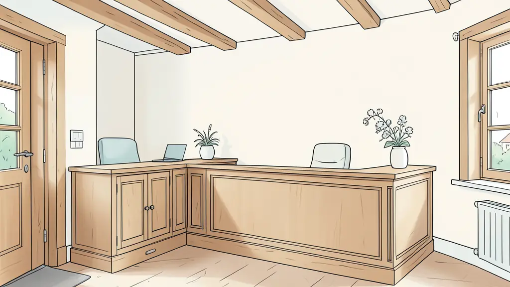 Espace d'accueil professionnel avec bureau de rendez-vous et détails en bois dans un village alsacien