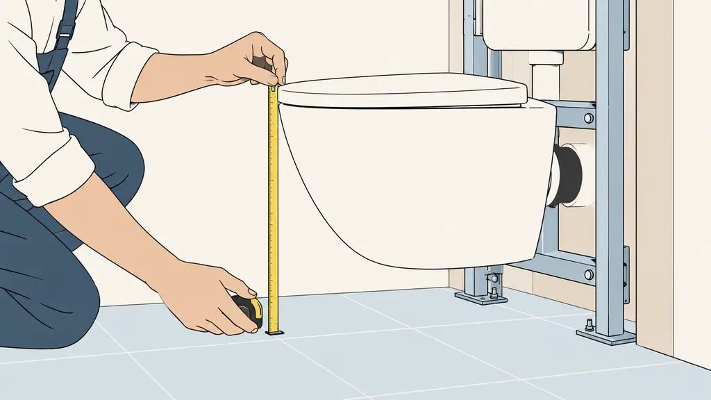 Close-up editorial photograph of a plumber measuring from newly tiled finished floor to the top of a toilet seat on a wall-hung toilet, concealed support frame still visible before boxing, no text or logo