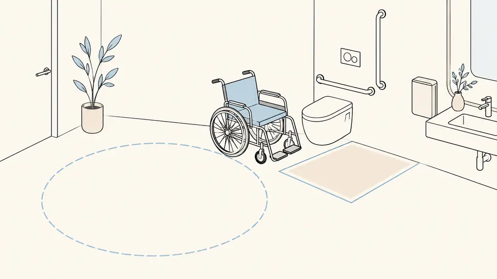Editorial photograph of a wheelchair beside a wall-hung elongated toilet, with floor markings showing the lateral transfer area and a circular turning space, no text or logo