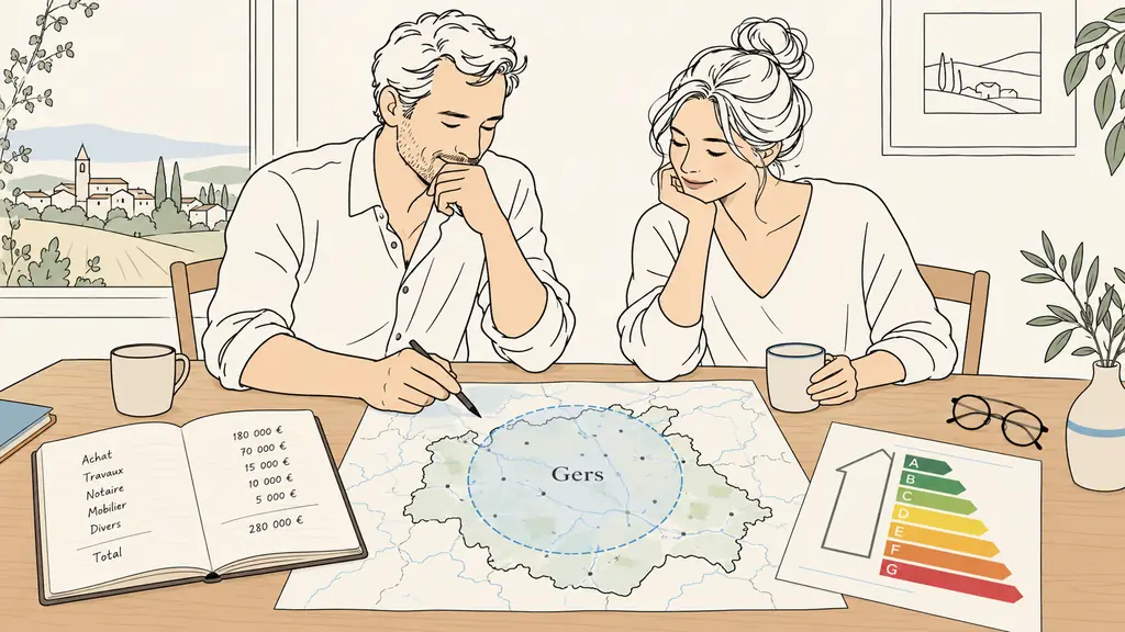 Couple reviewing a detailed Gers map with a marked search radius, a renovation budget notebook and an energy performance report on a wooden table