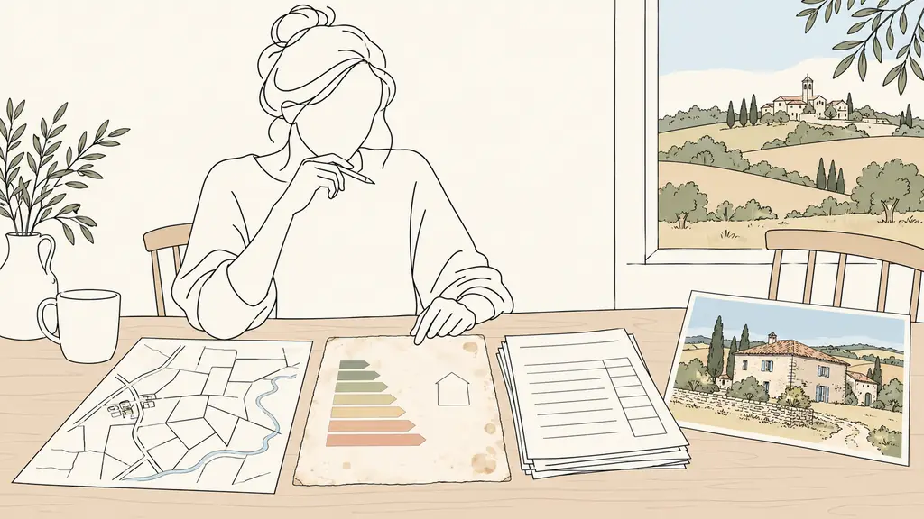 Buyer comparing a cadastral parcel map, a dated energy report and renovation invoices beside a rural Gers property listing, no visible text or logo