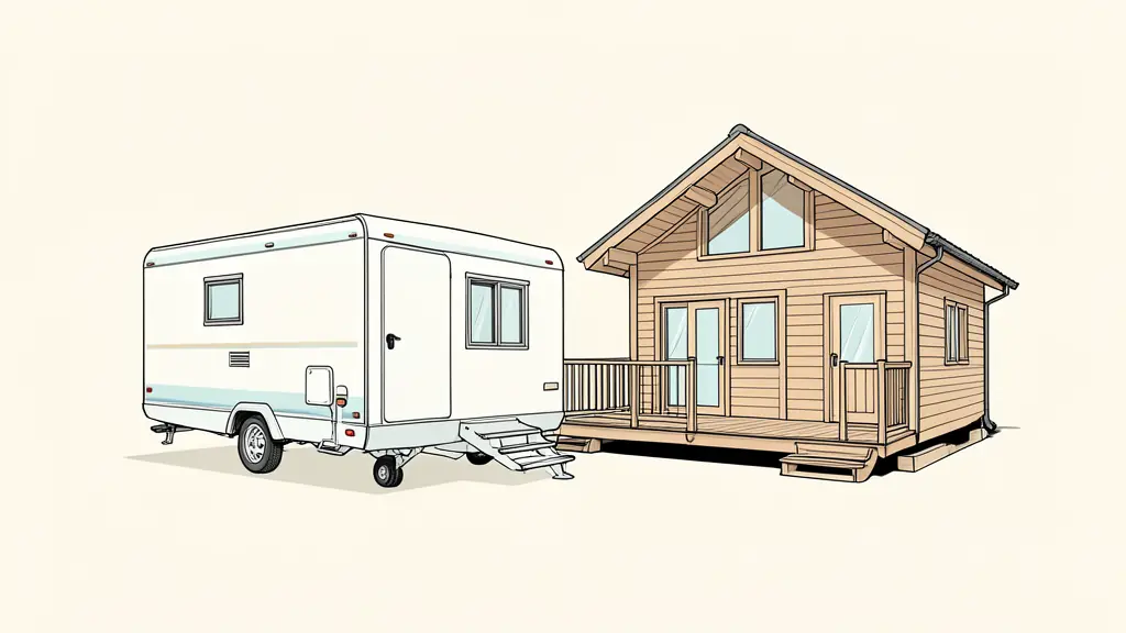 Editorial photograph of a wheeled mobile home beside a timber leisure chalet, visible utility connections and removable terrace, no text or logo