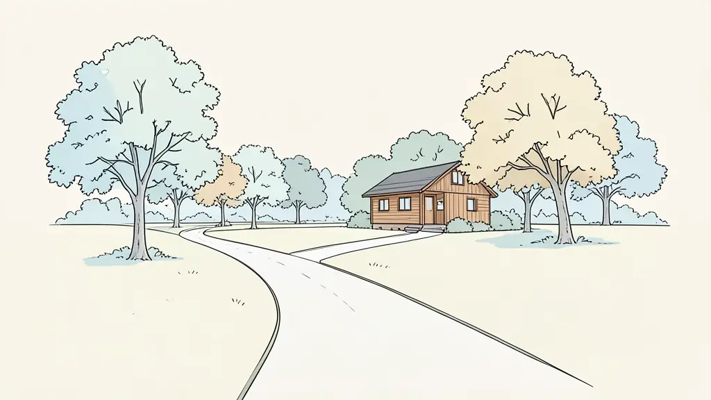 Editorial photograph of a shaded leisure plot in the Gers countryside, narrow all-season access road and mature trees around a timber chalet, no text or logo