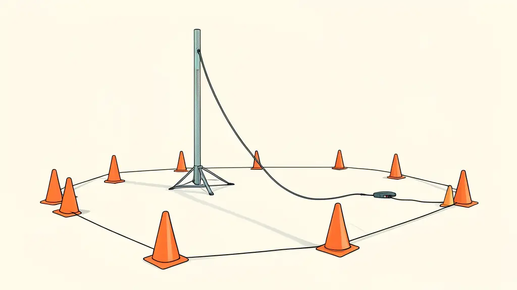 Périmètre de sécurité avec cônes orange autour d'une perche catapulte et d'un déclencheur à distance