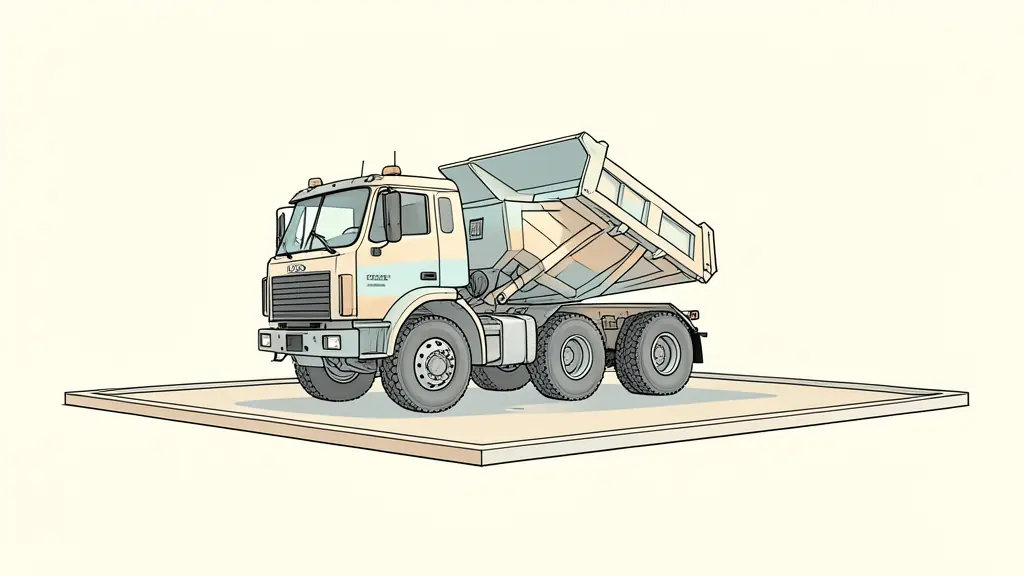 Camion benne sur un chantier avec benne partiellement levée et périmètre de sécurité délimité