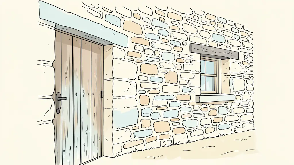 A detailed close-up of an old Aveyronnais stone wall with traditional lime mortar, showing a weathered wooden door and a small window with a stone lintel, set in a rural village context