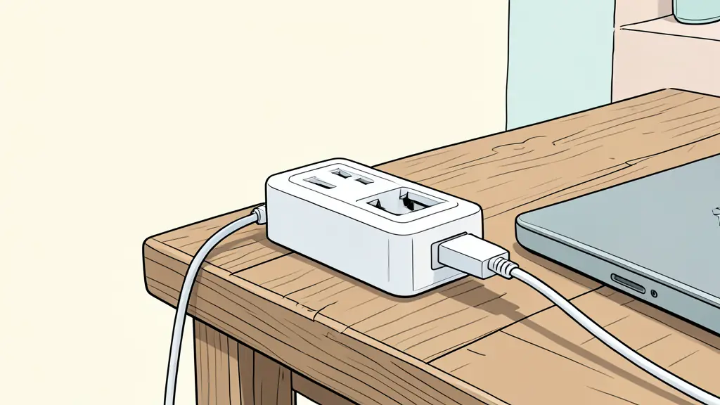 Multiprise blanche sur une table en bois rustique avec un chargeur de smartphone et un ordinateur portable