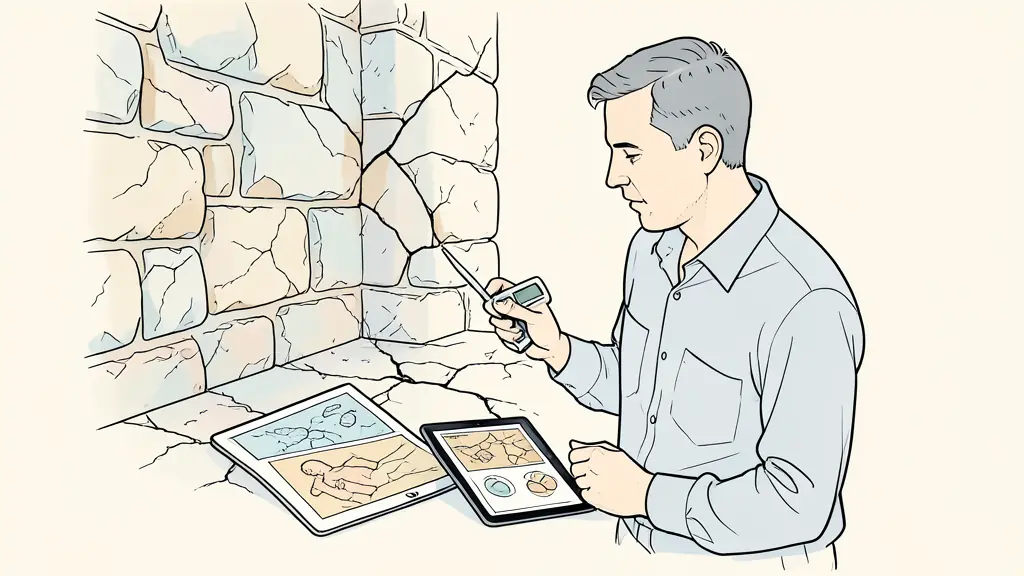 Building expert examining mapped cracks in an old stone interior, annotated photographs on a tablet and moisture meter in hand, editorial photography without text or logo