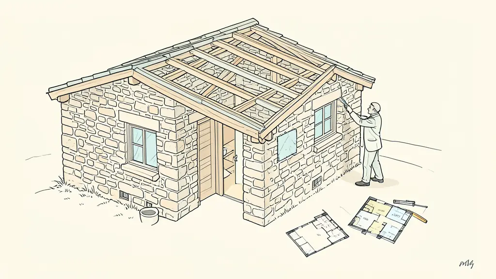 Building surveyor inspecting the accessible roof structure of a rural stone house, floor plans and crack gauge visible nearby, natural editorial photography without text or logo
