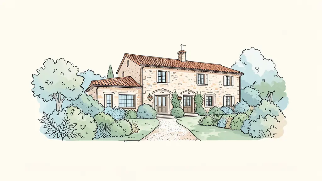 A wide shot of a traditional Gascon stone house with a terracotta roof, surrounded by a lush garden and a small gravel path, editorial style
