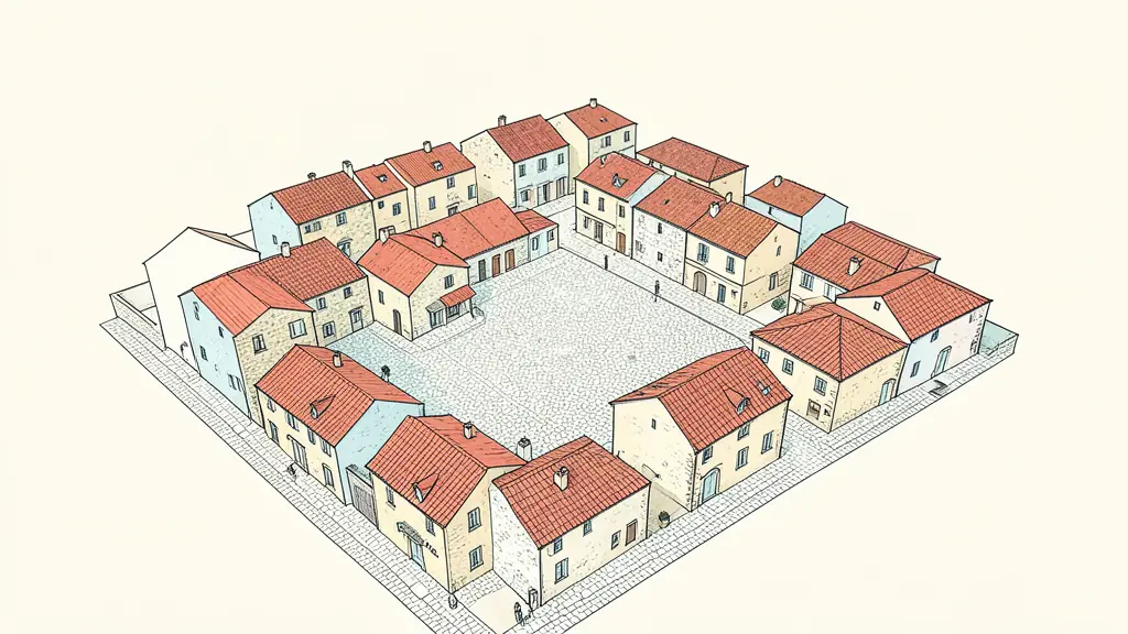 A high-angle view of a traditional Gascon bastide village with cobblestone streets, stone houses with red tiled roofs, and a central square, editorial style