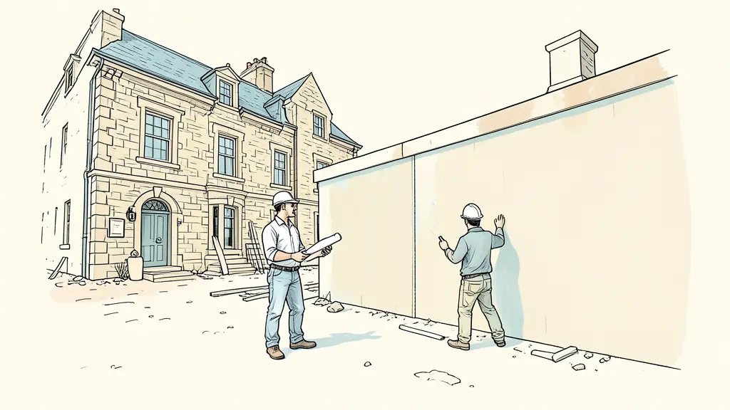 Chef de projet avec un plan sur un chantier de rénovation d'une maison de maître en pierre