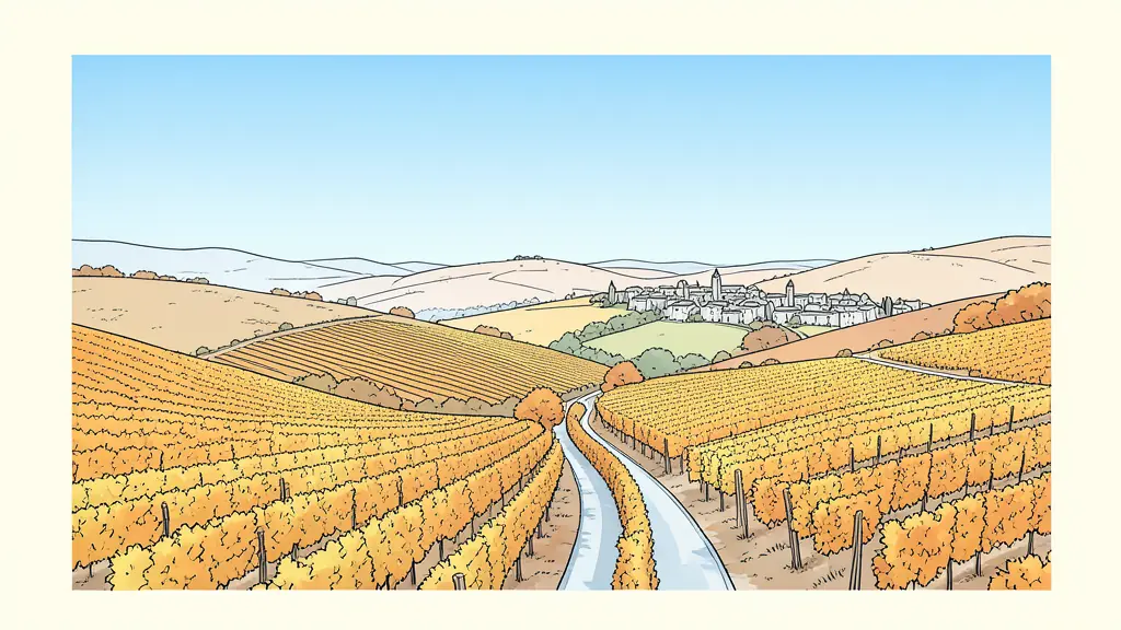 Vue aérienne des collines du Gers avec une route sinueuse entre vignobles dorés et village en pierre
