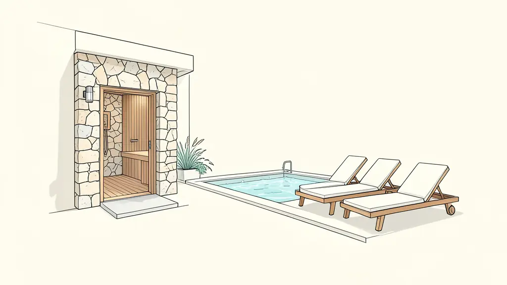 Editorial photograph of a quiet Gers hotel wellness area with a stone-walled sauna entrance, bubbling pool and neatly arranged relaxation loungers, no text or logo