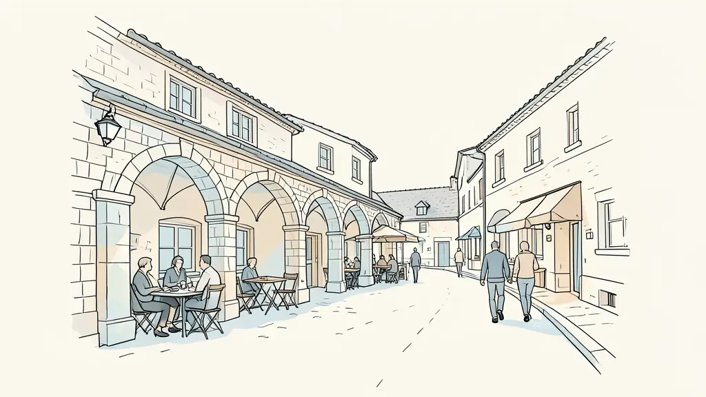 Editorial photograph of a peaceful Gers village square after a morning market, with stone arcades, a small local lunch table and walkers setting off along a quiet lane, no text or logo
