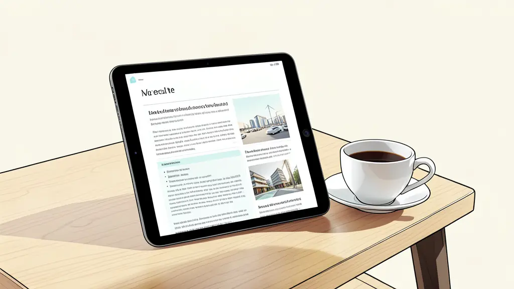 A modern tablet displaying a clean editorial layout of a real estate magazine, placed on a wooden coffee table next to a cup of coffee, bright natural light.