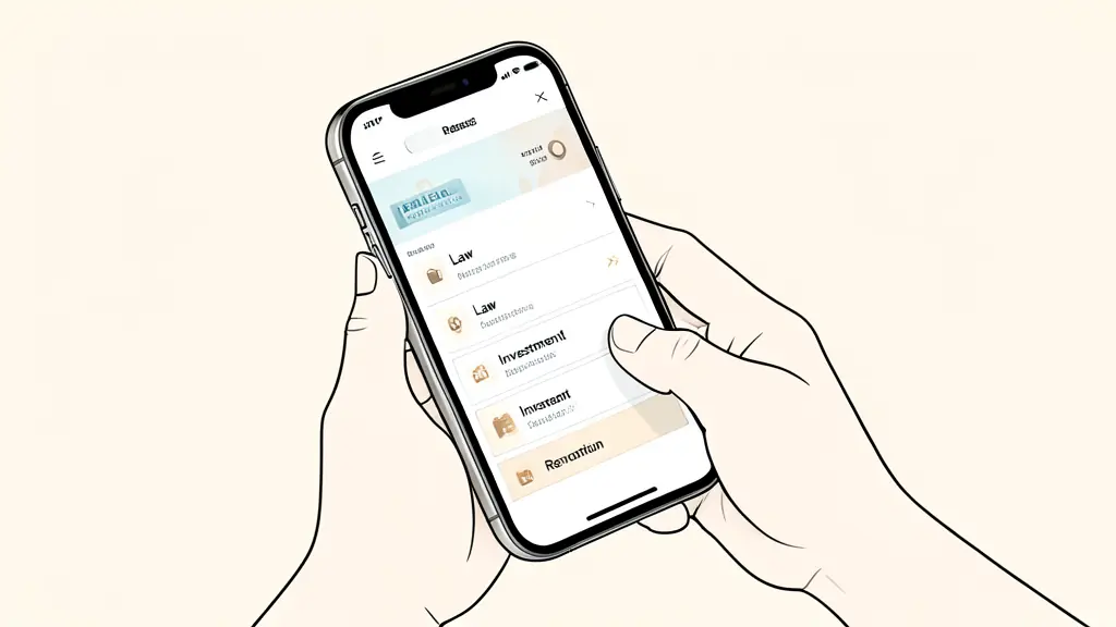A close-up of a person's hand scrolling through a professional real estate website on a smartphone, showing categorized sections like Law, Investment and Renovation.