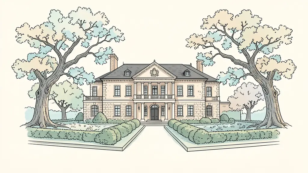 Editorial photography of a traditional Gascon manor house with high ceilings and a stone facade, surrounded by a manicured garden and ancient oak trees