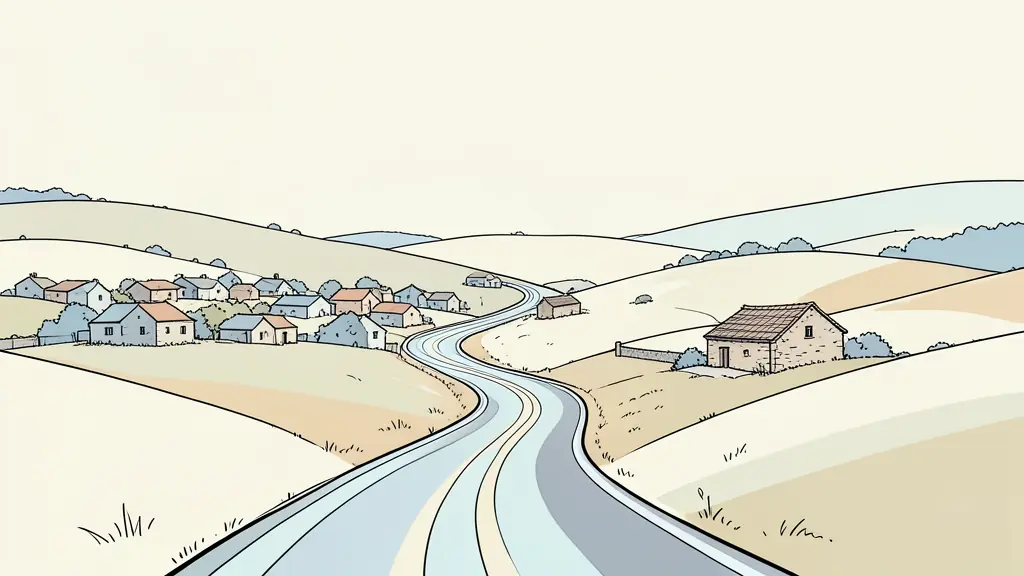 Editorial photography of a winding road through the Gascony countryside, showing a mix of small clustered villages and isolated stone farmhouses among rolling hills