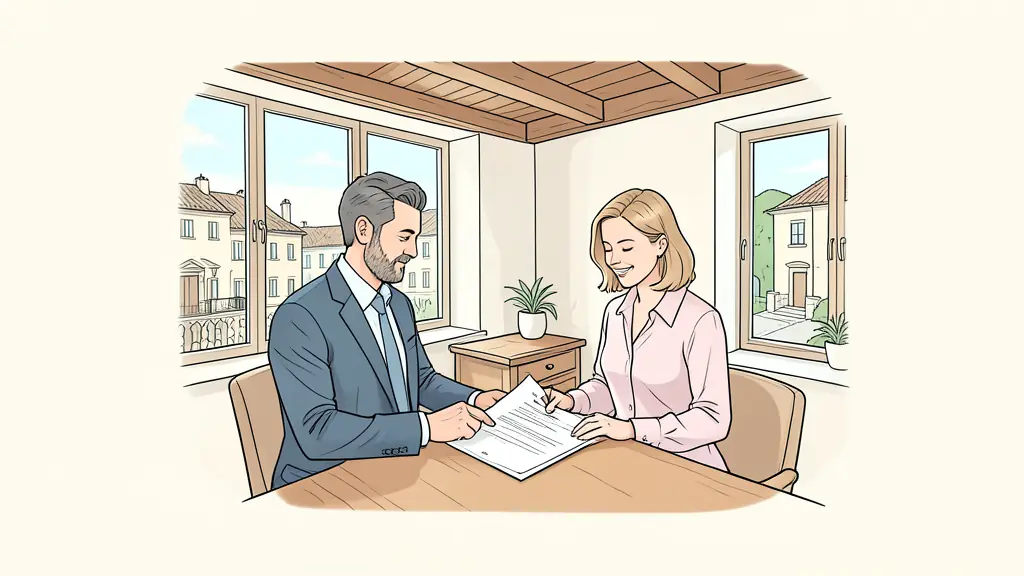 Agent immobilier et couple analysant un contrat de vente dans un bureau gascon traditionnel